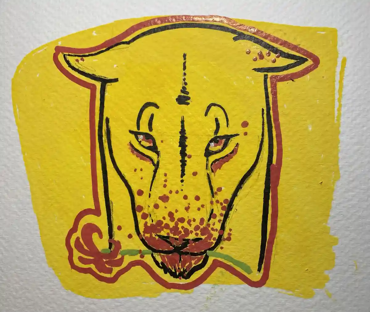A hand-drawn, stylized yellow bull's head with black outlines and red accents, including red dots on its face and horns…