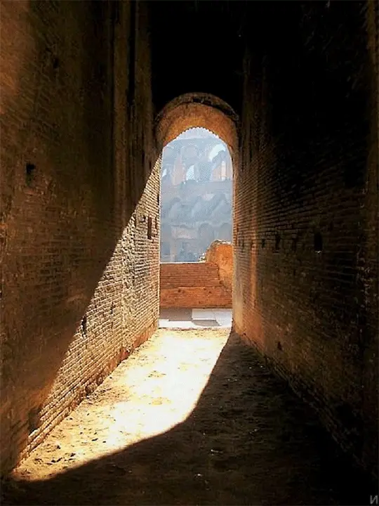 The image shows a series of six panels depicting an ancient stone corridor with arched openings, where sunlight streams in…