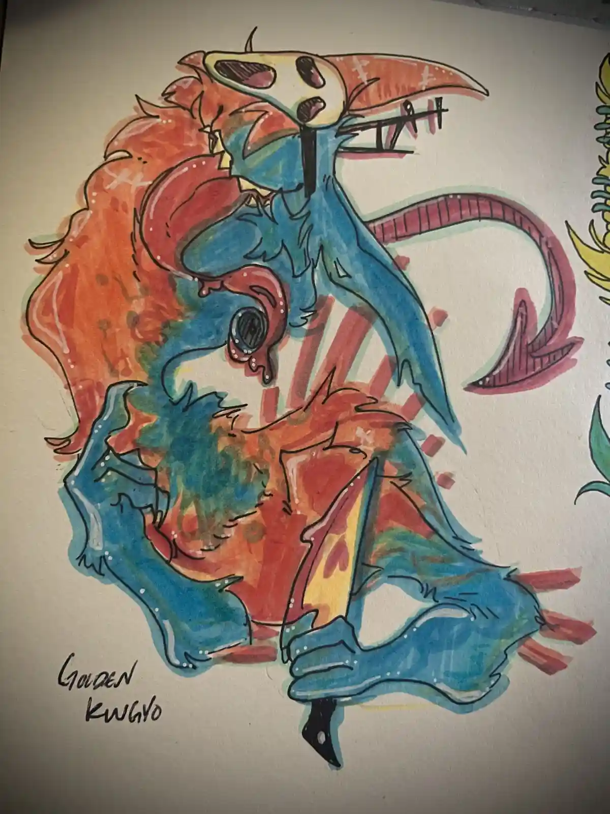 A colorful, stylized drawing of a blue, dragon-like creature with orange hair and a long tail, holding a knife and wearing a…