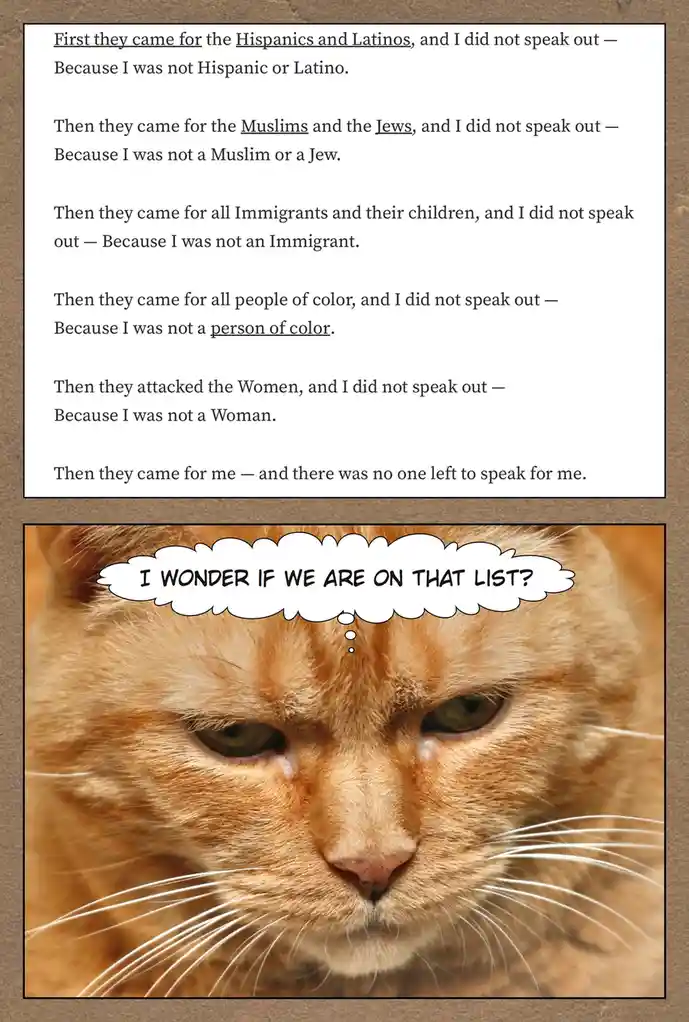 The image displays a text block with a passage about people not speaking out as persecution targets are identified, followed…