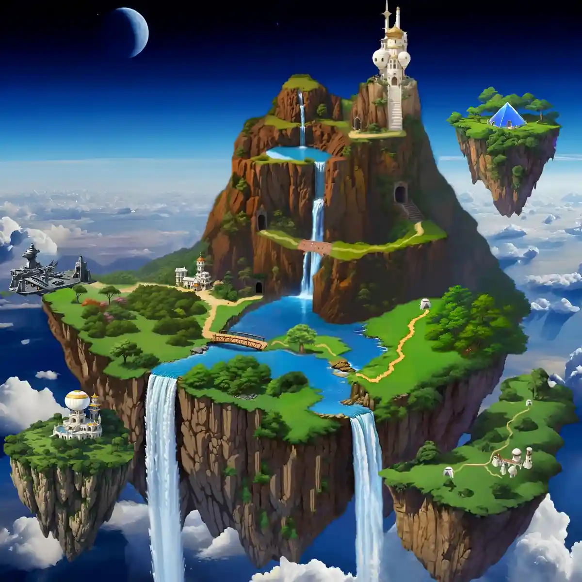 A fantastical floating island landscape with multiple terraced platforms, waterfalls, bridges, and various buildings…