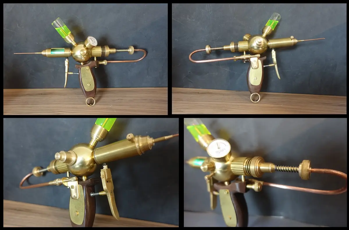 Four images show a brass and copper steampunk-style device resembling a gun, featuring a wooden grip, a pressure gauge…