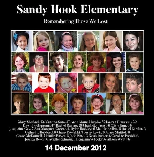 A memorial photo collage from Sandy Hook Elementary School, featuring a grid of smiling children's portraits with their…