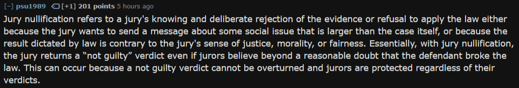 A Reddit post screenshot showing a text-only explanation of jury nullification, with no images or visual elements beyond the…