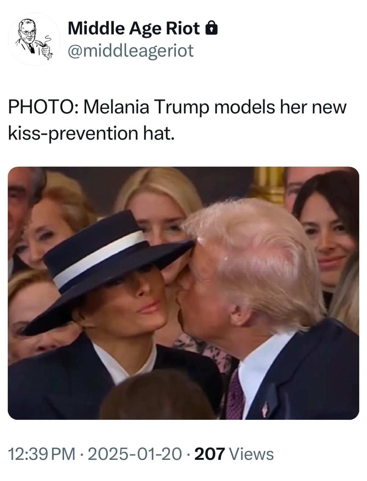 A photo shows Melania Trump wearing a dark blue hat with a white band, positioned to block Donald Trump as he leans in to…