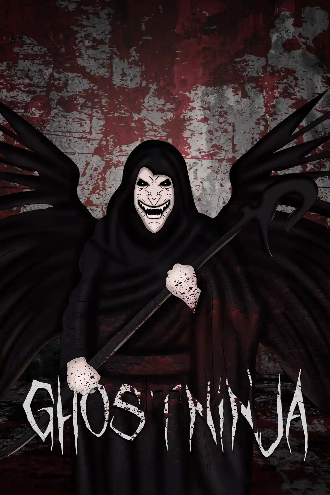 A cartoonish, menacing figure in a black hooded robe with large black wings, holding a bloodied weapon, stands against a…