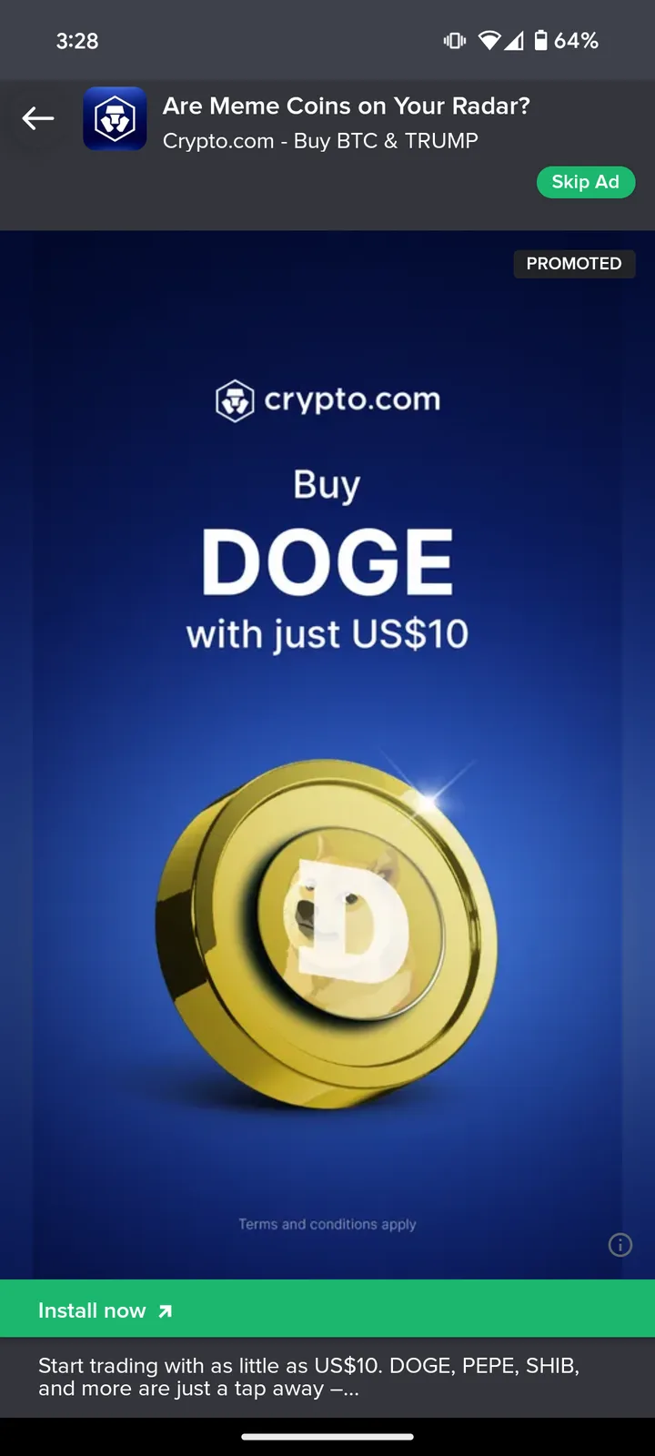 A promotional mobile ad from Crypto.com features a large golden coin with a doge face and a big 'D' on it, set against a…