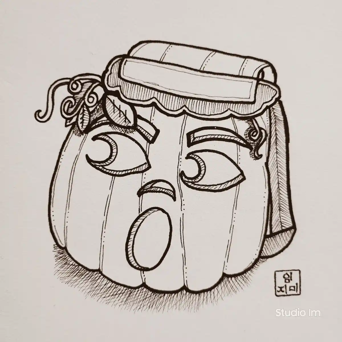 A black-and-white line drawing depicts a stylized, anthropomorphic pumpkin with a surprised or shocked facial expression…