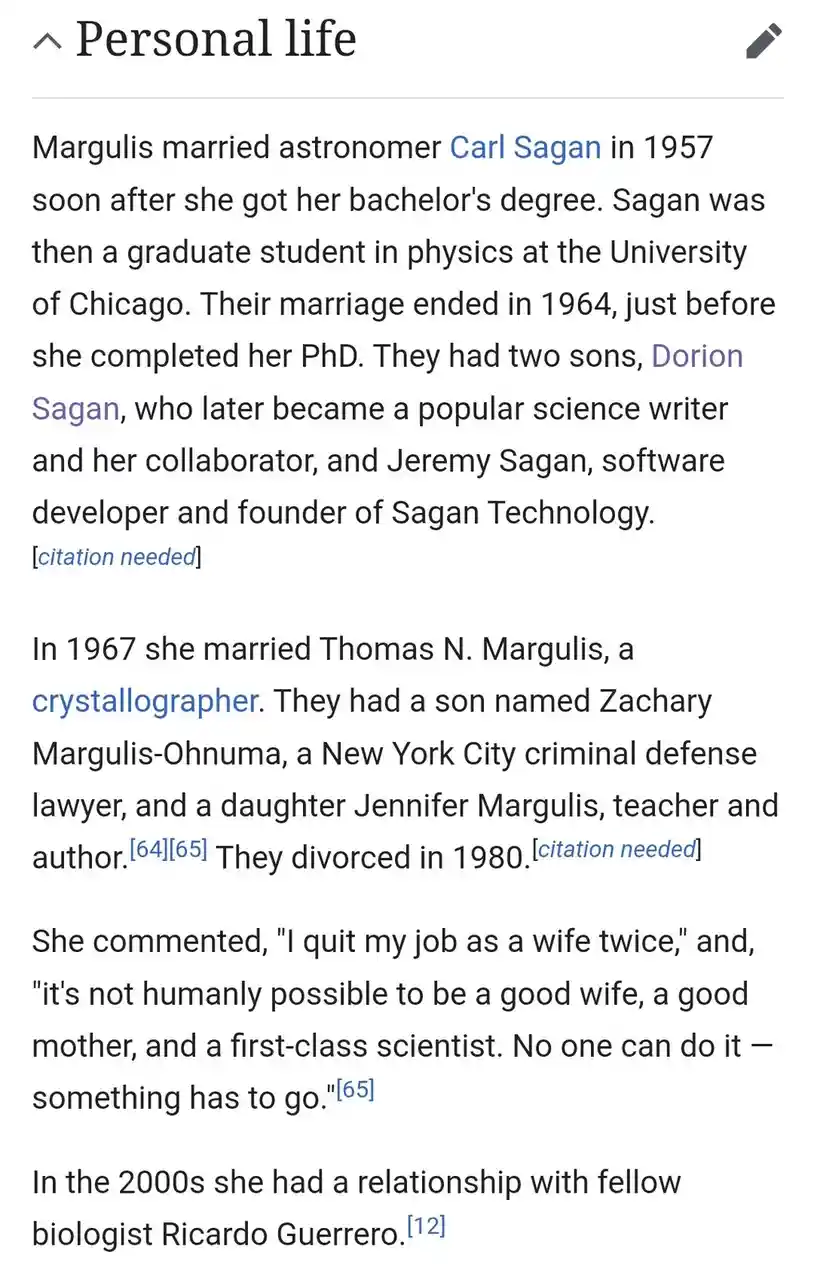 A screenshot of a Wikipedia 'Personal life' section for a scientist, detailing her marriages and children. The text includes…
