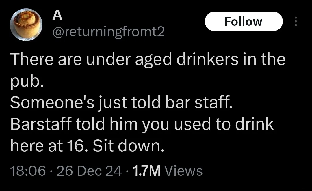 A screenshot of a tweet from @returningfromt2 showing a humorous anecdote about a pub encounter. The text describes how a…