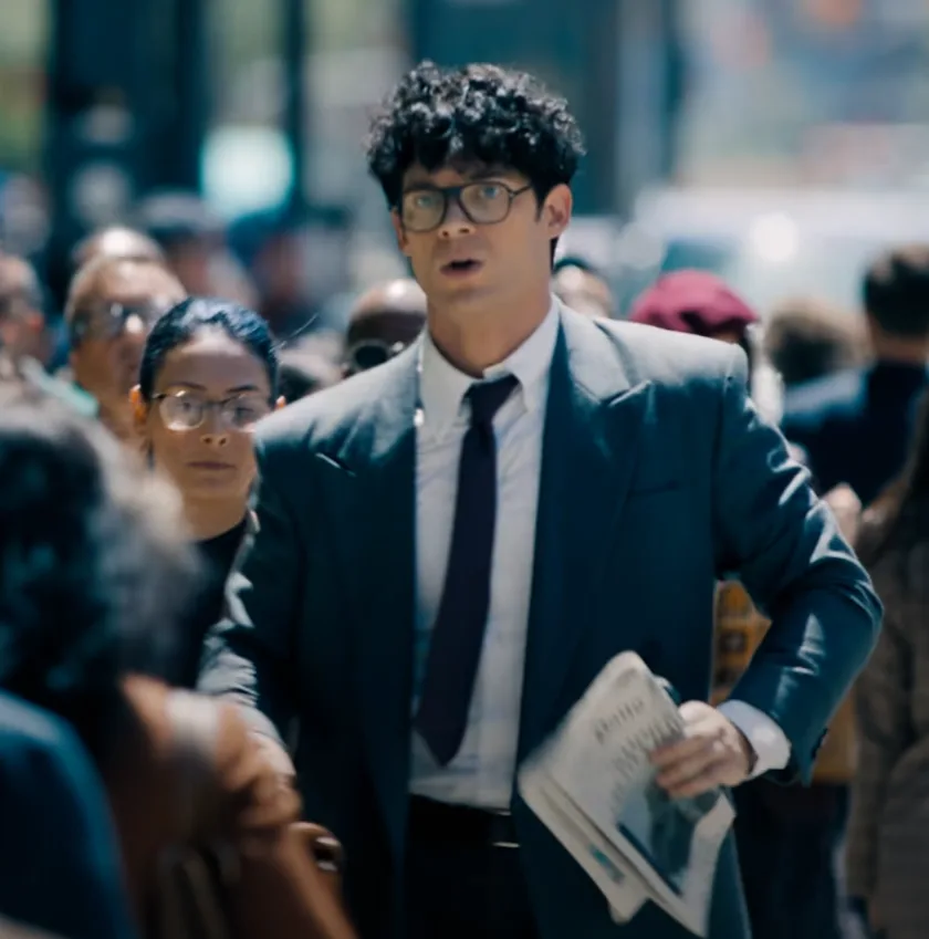 A man in a dark suit, white shirt, and dark tie with curly black hair and glasses stands in a crowd, holding a newspaper…