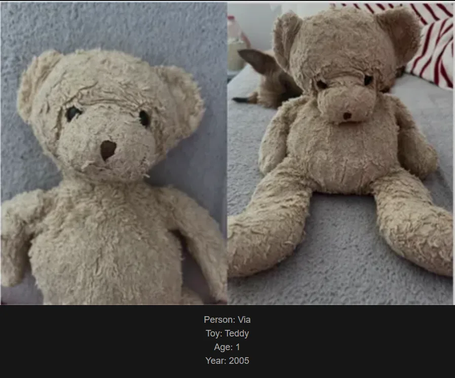 The image shows two side-by-side photos of a worn, beige teddy bear. The left photo is a close-up of the bear's face…