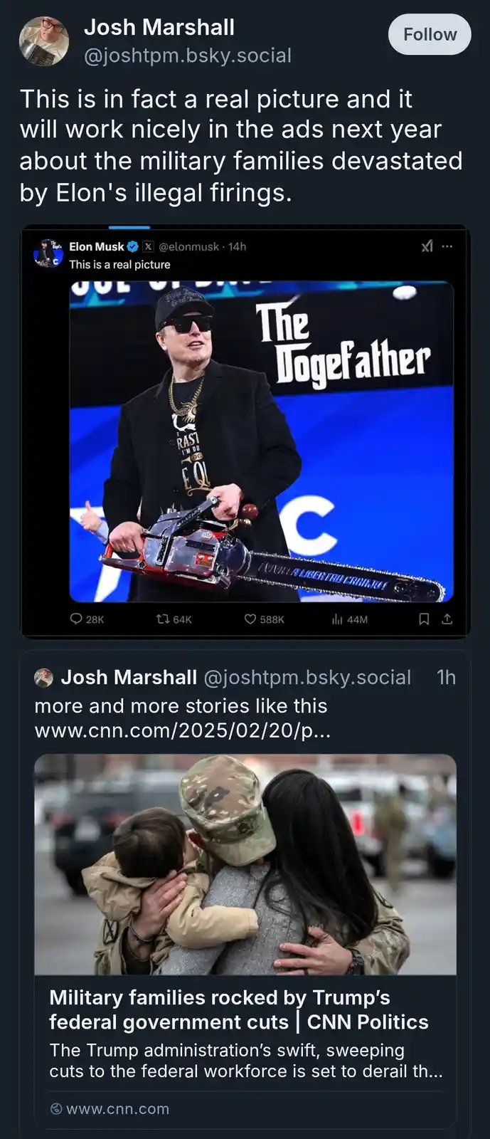 The image shows a screenshot of a social media post by Elon Musk, who is pictured holding a chainsaw in front of a backdrop…
