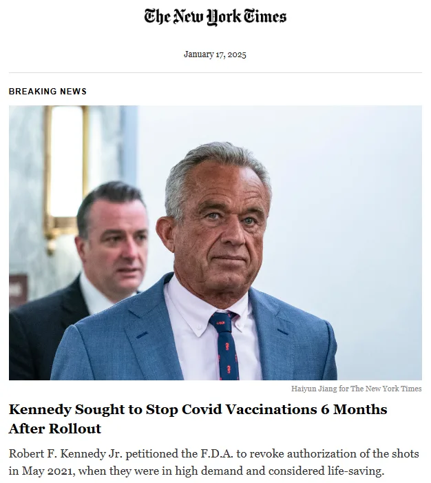 A screenshot of a New York Times article dated January 17, 2025, shows Robert F. Kennedy Jr. in a blue suit and tie, looking…