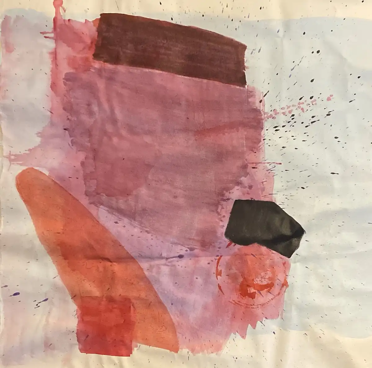 An abstract watercolor painting with pink, red, and black brushstrokes on light paper, featuring splatters and a dark black…