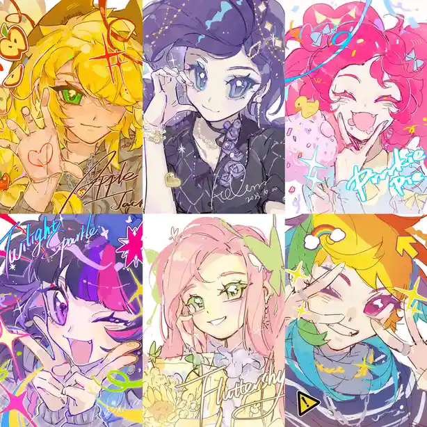 This image is a six-panel collage of anime-style illustrations of My Little Pony characters: Applejack (yellow hair, green…