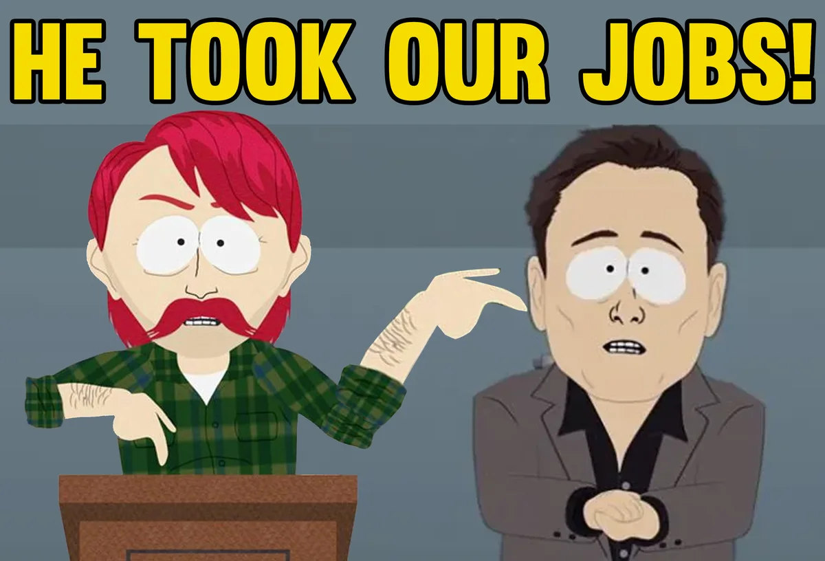 A cartoon image shows two characters from South Park: one with red hair and a mustache standing at a podium, angrily…