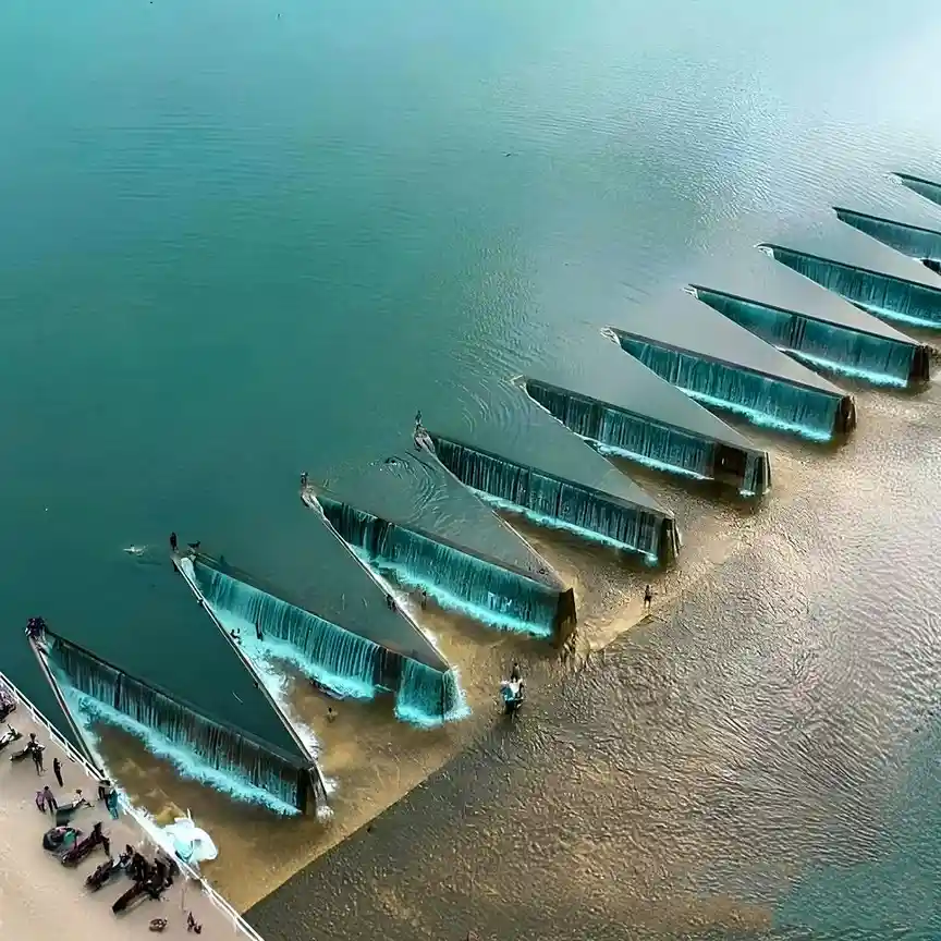 An aerial view shows a series of triangular concrete structures in a body of turquoise water, each creating a small…