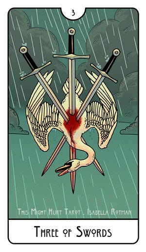 A tarot card depicting three swords piercing a bird with outstretched wings, set against a rainy, gloomy background. The…