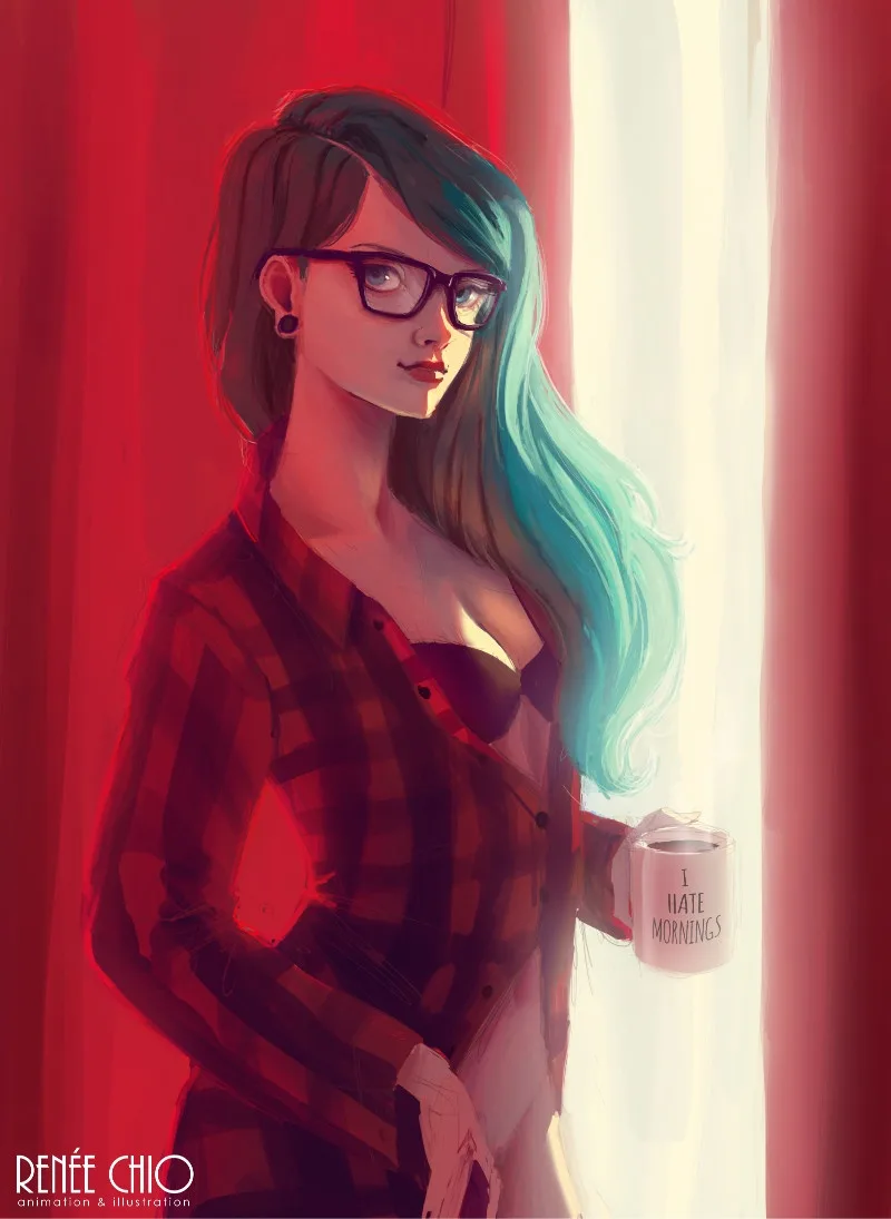 An anime-style illustration of a young woman with half-brown and half-teal hair, wearing glasses and a plaid shirt, standing…