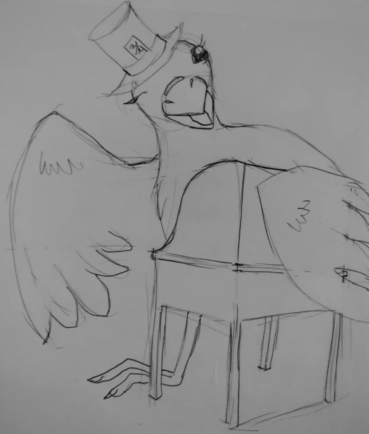 A rough pencil sketch shows a bird-like creature wearing a top hat with a small square emblem and a monocle over one eye…