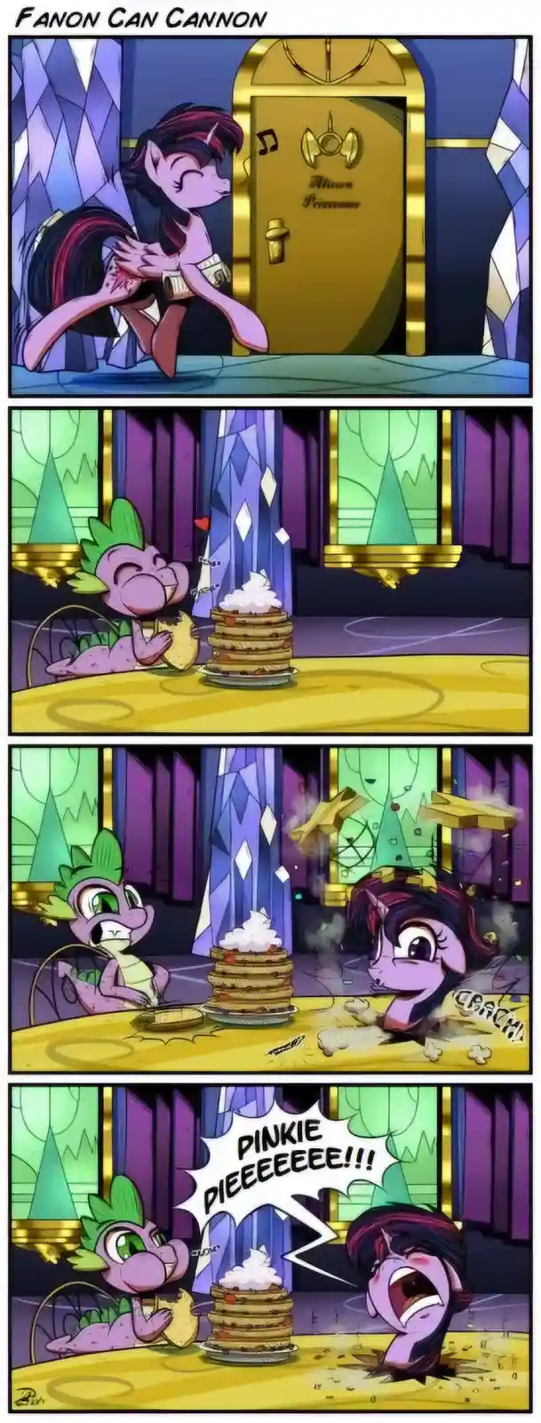 A four-panel comic strip featuring Twilight Sparkle and Spike. In the first panel, Twilight stands before a golden door…