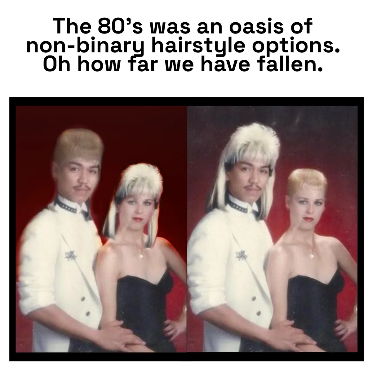 The image displays a side-by-side comparison of two photos of a man and a woman in 80s-style outfits against a red…