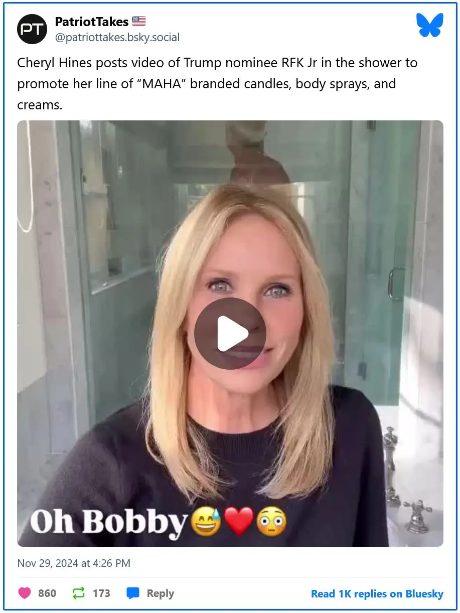 A screenshot of a Bluesky post by 'PatriotTakes' showing a video thumbnail of actress Cheryl Hines. She is smiling at the…