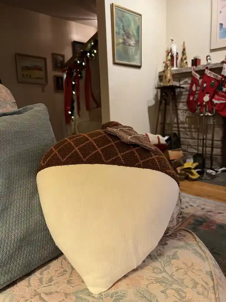 A close-up photo shows a decorative pillow shaped like an acorn sitting on a floral-patterned couch. The pillow has a brown…