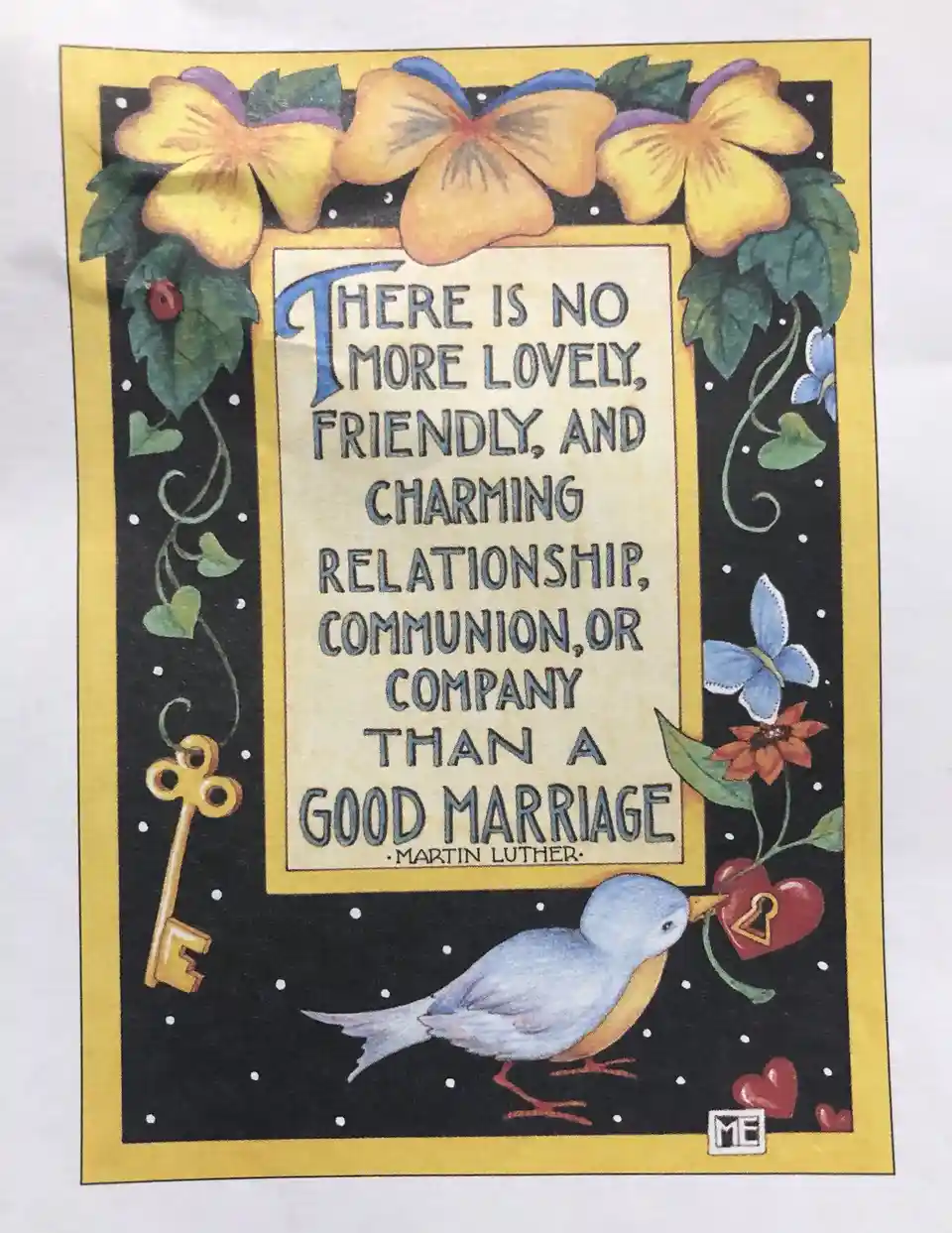 A decorative, vintage-style illustration features a quote attributed to Martin Luther about marriage, surrounded by ornate…