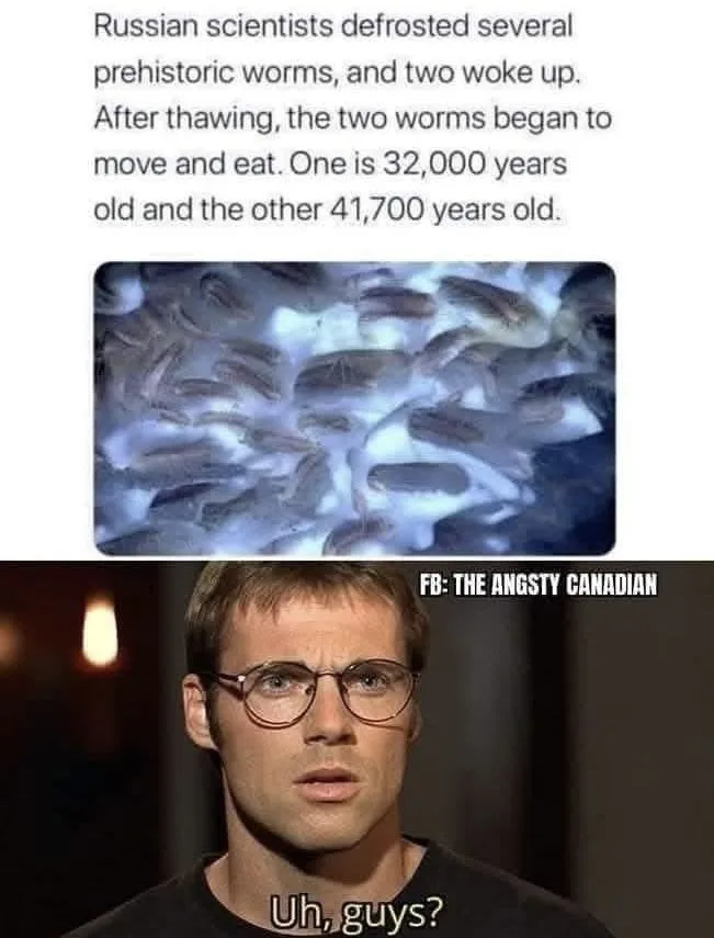 The image shows a top panel with text describing Russian scientists thawing prehistoric worms, two of which woke up and are…