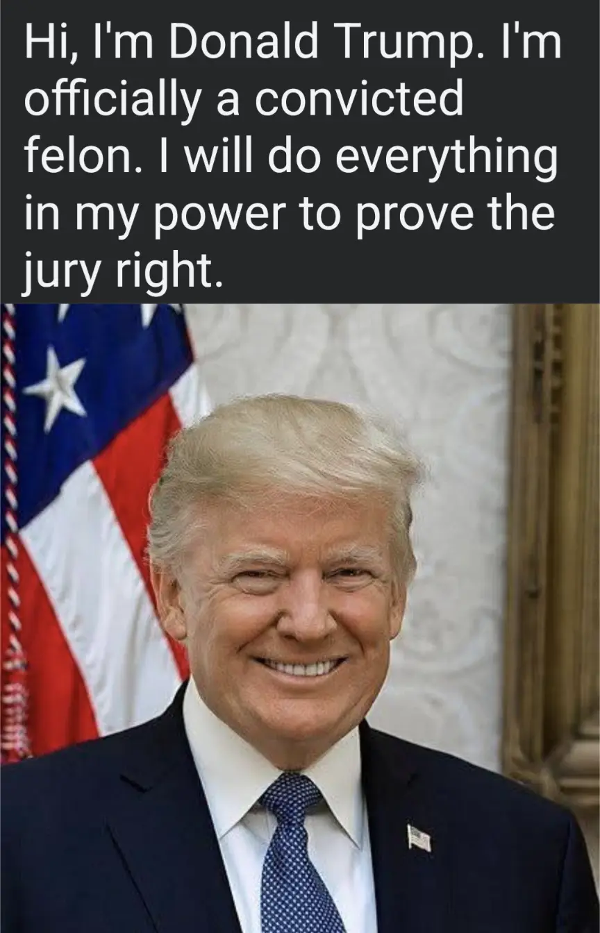 A smiling Donald Trump in a dark suit and blue tie stands in front of an American flag, with overlaid text declaring he is a…