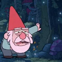 A sequence of six frames shows a cartoon gnome in a dark forest. Initially, he looks annoyed and waves his hand. Then, he…