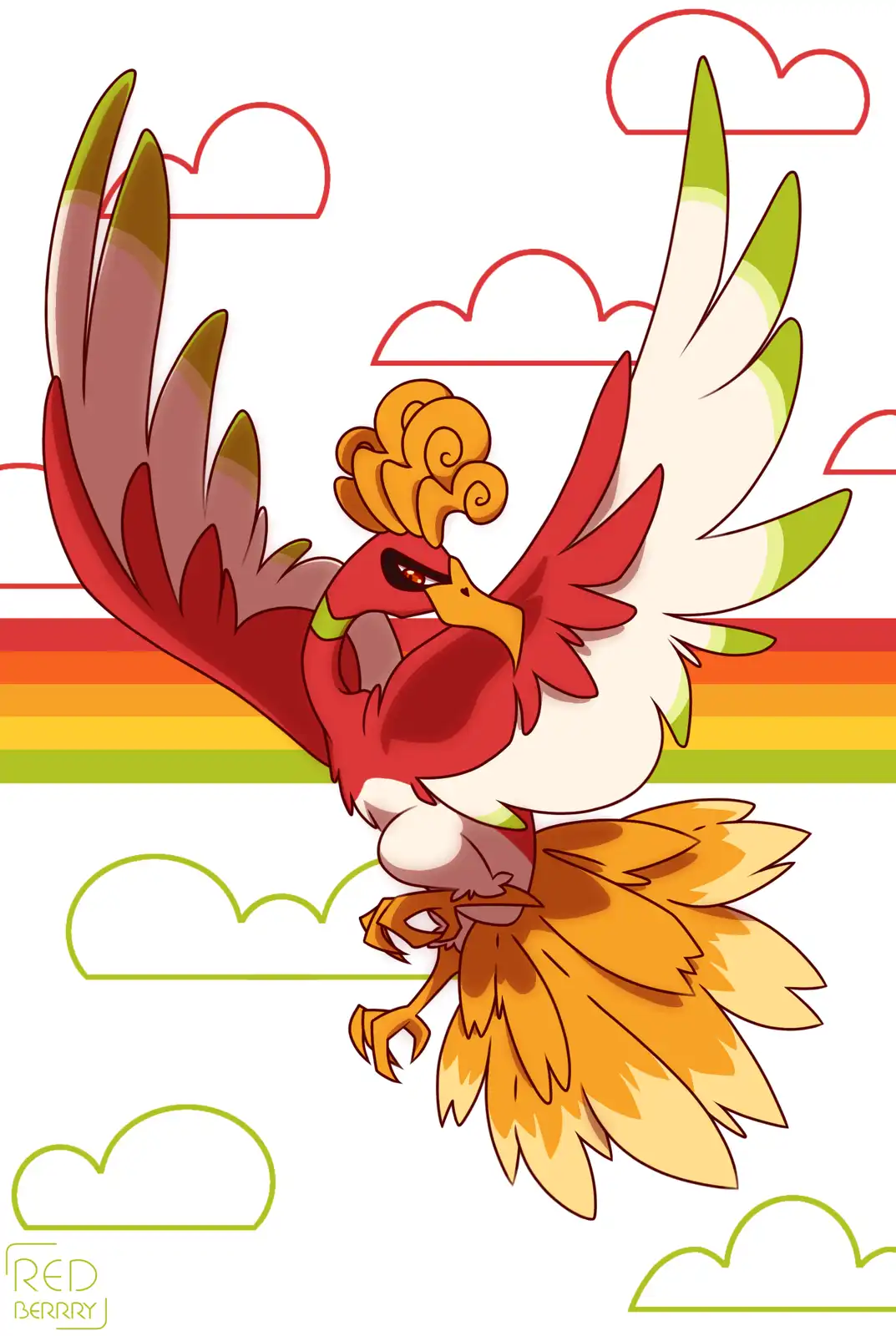 A cartoon phoenix with red, white, and orange feathers and a fiery crest is shown mid-flight against a background of…