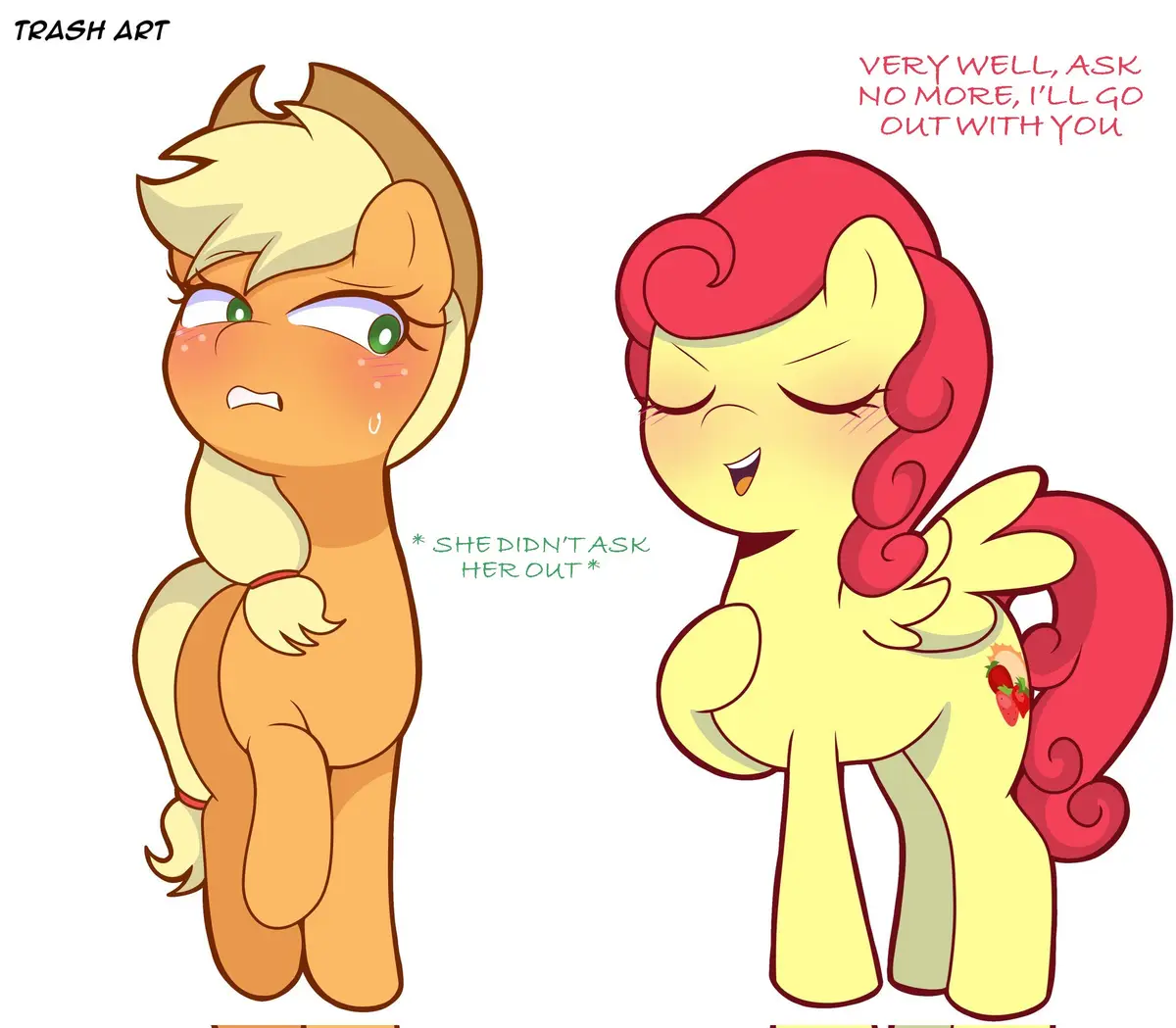 Two cartoon ponies are depicted: a blonde pony on the left looks angry and teary-eyed, while a red-haired pony on the right…