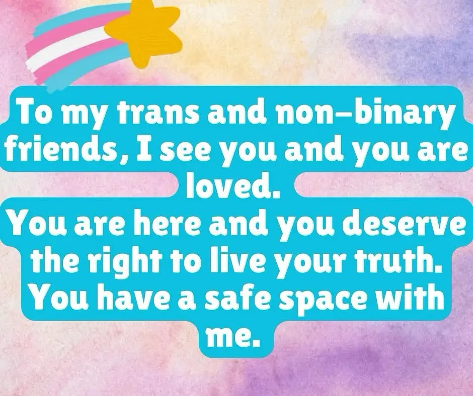 A pastel-colored image with a trans pride flag star in the top left corner, featuring two blue text boxes with white text…