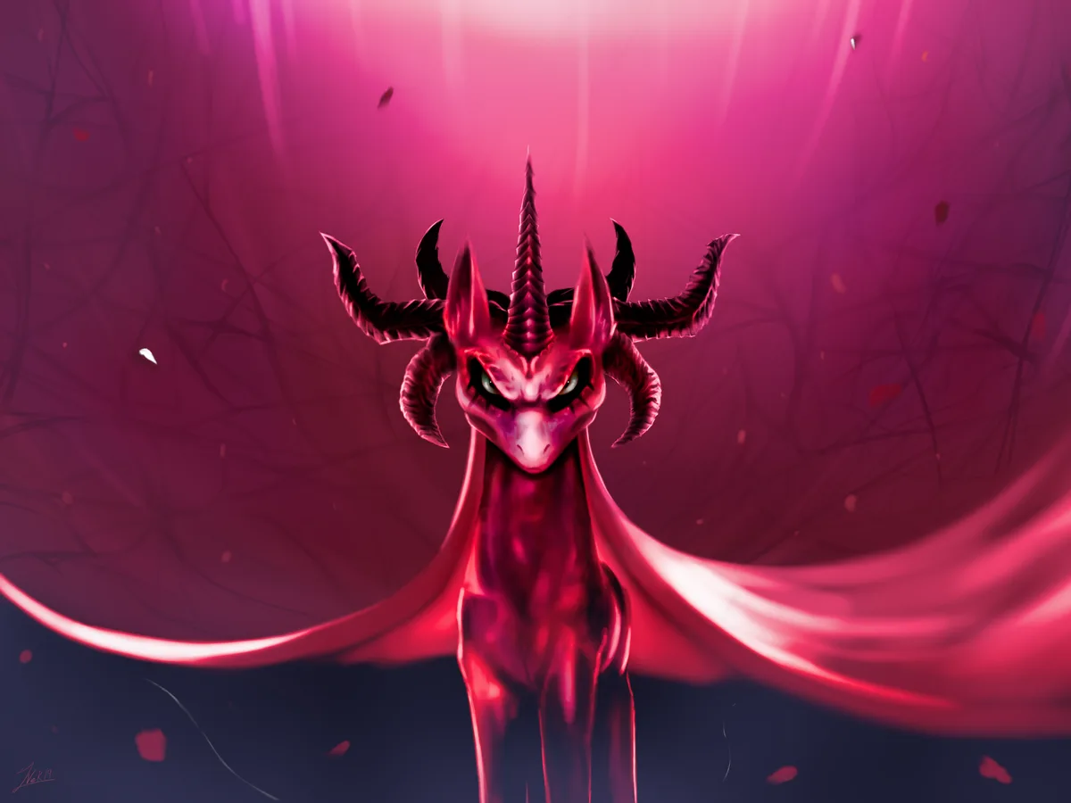 A menacing, glowing red creature with a unicorn-like body, but with multiple dark horns and glowing eyes, stands against a…