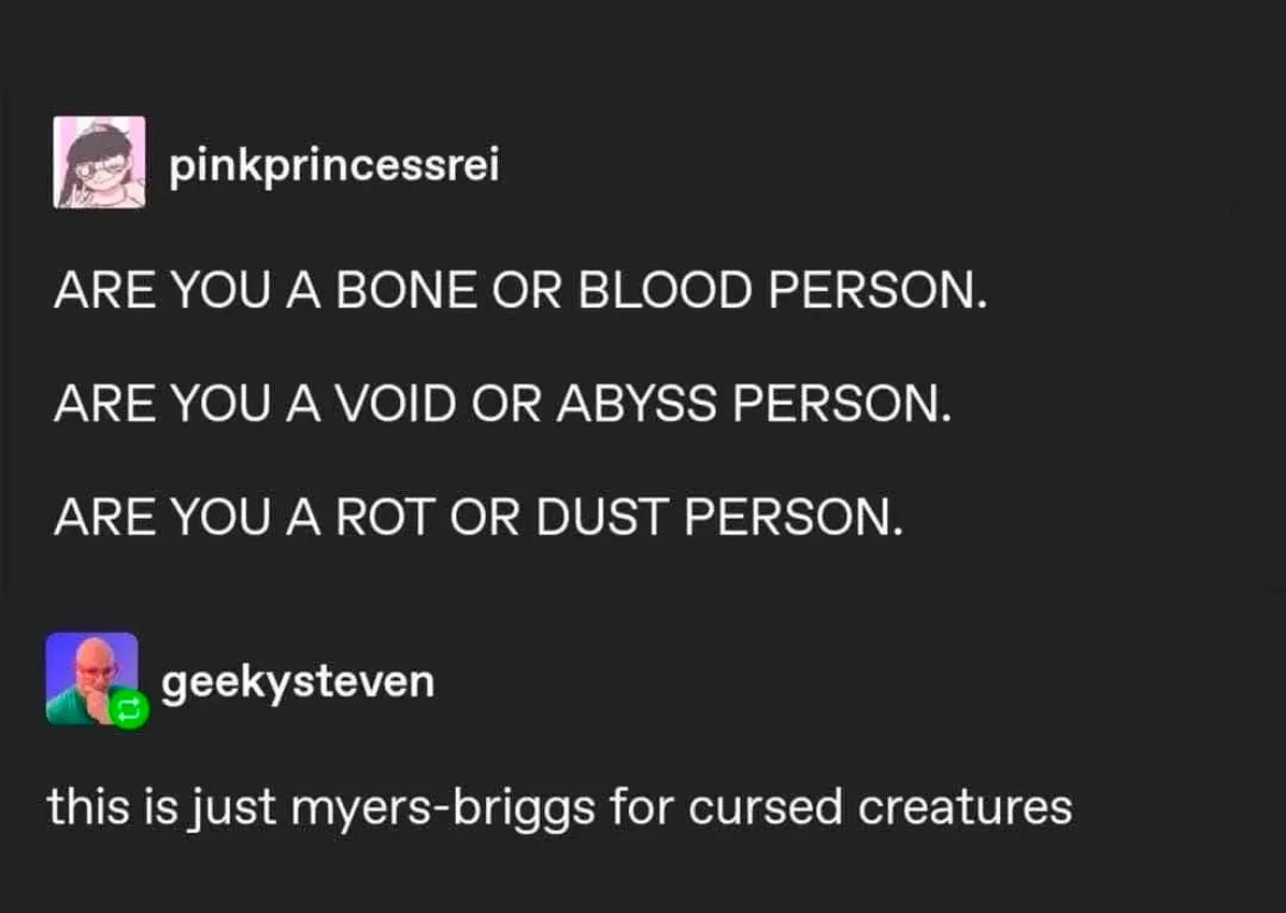 A screenshot of a social media chat shows user 'pinkprincessrei' asking three questions about personality types using…