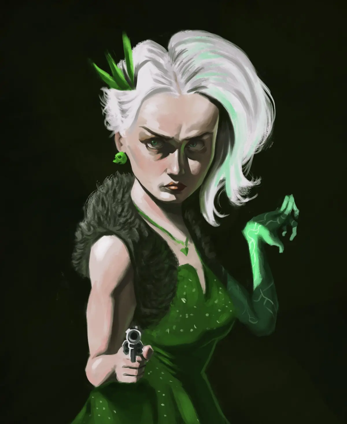 A digital painting depicts a woman with white hair streaked with green, wearing a green dress with a dark fur collar…