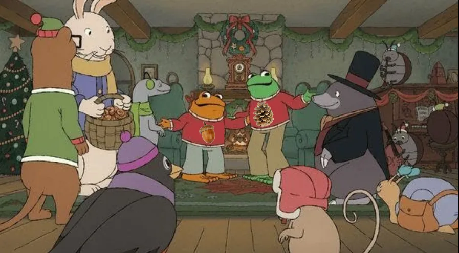In a cozy, decorated living room with a fireplace and Christmas tree, two anthropomorphic frogs dressed in festive sweaters…