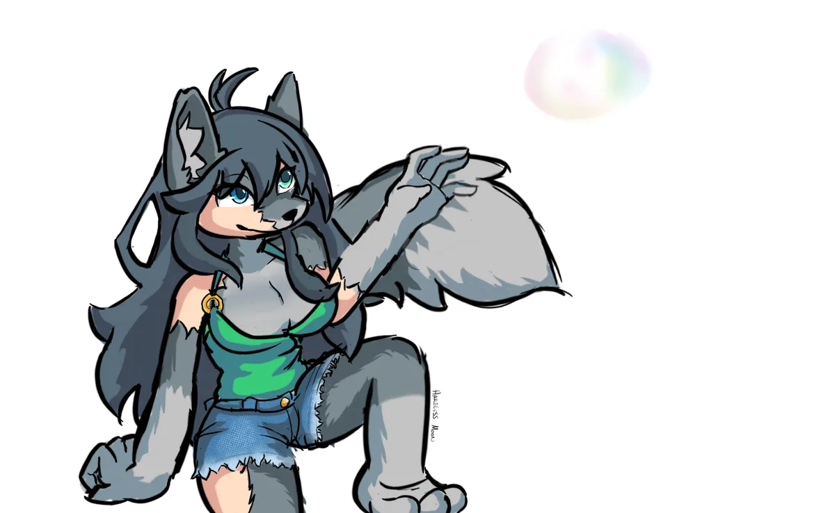 An anime-style gray wolf girl with long hair, wearing a green top and denim shorts, is sitting and reaching toward a…