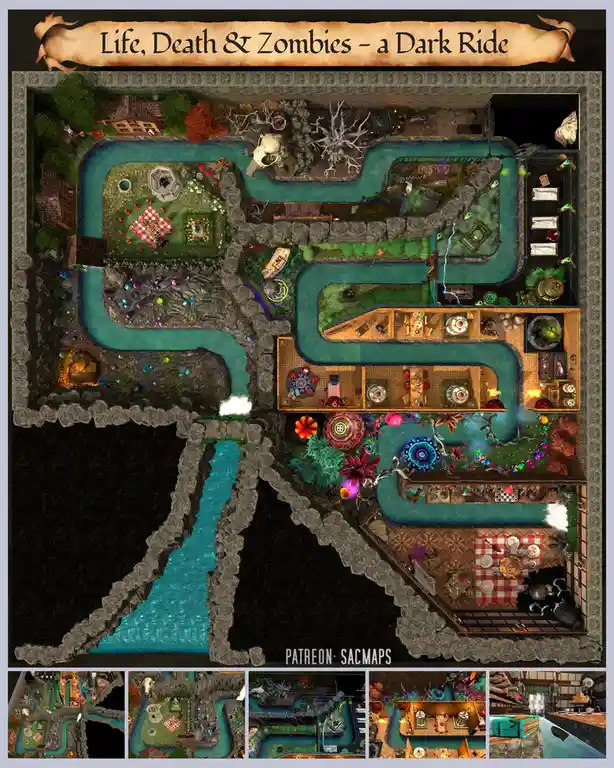 An overhead map of a dark ride attraction titled 'Life, Death & Zombies - a Dark Ride', showing a winding waterway through…
