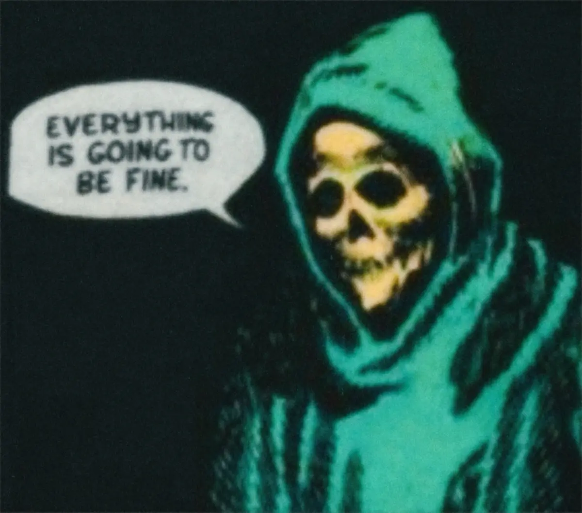 A skeletal figure in a glowing teal hooded robe, resembling the Grim Reaper, is shown against a dark background. A white…
