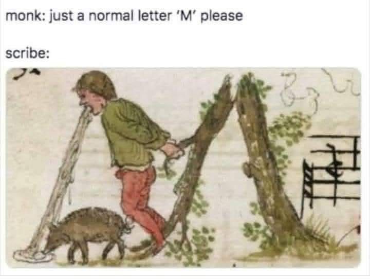 An illustration shows a scribe in medieval-style clothing struggling to carve a large, stylized letter 'M' from a tree…