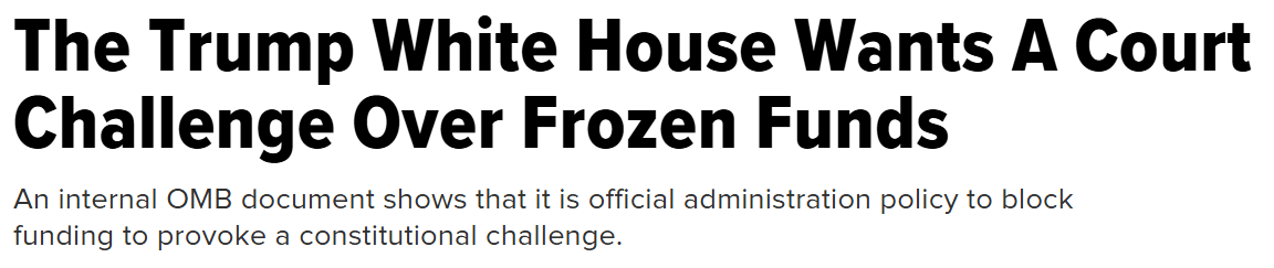 A black-and-white image displays bold, large text at the top reading 'The Trump White House Wants A Court Challenge Over…