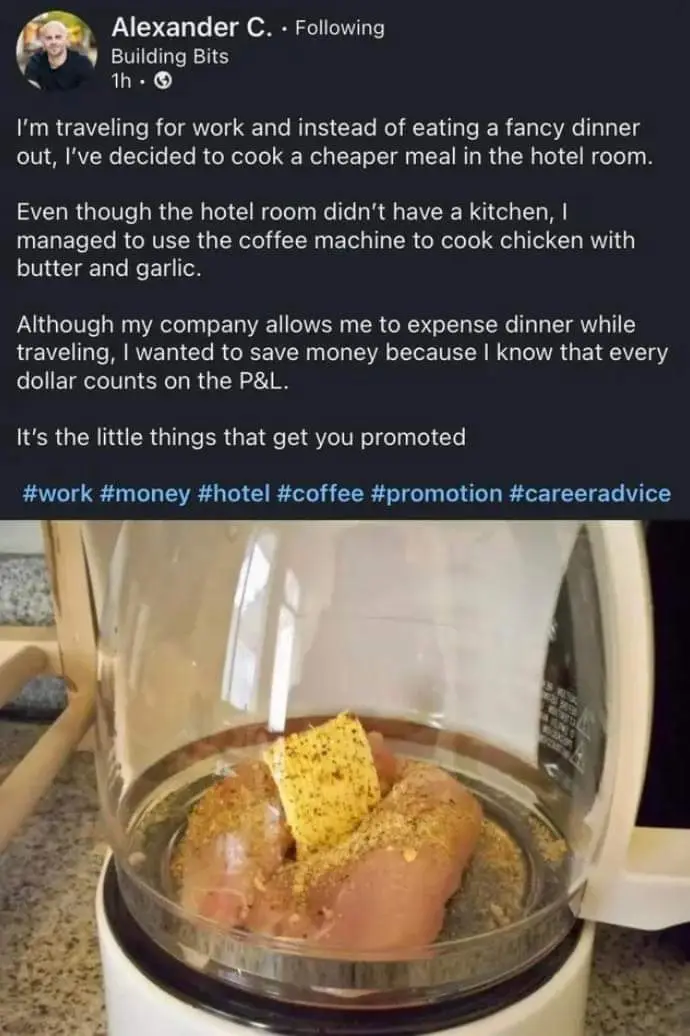 A social media post by Alexander C. shows a coffee maker with raw chicken, butter, and garlic inside. The overlaid text…