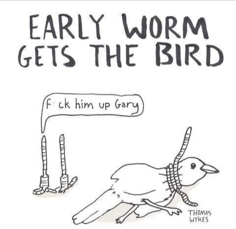 A black-and-white cartoon shows a bird with a worm wrapped around its neck, looking defeated. Two worms stand upright…