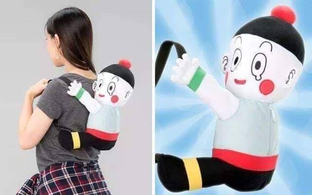The image is split into two panels. On the left, a woman wears a plush backpack shaped like the Japanese cartoon character…