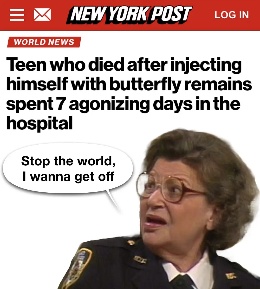 An image of a woman in a police uniform with a shocked expression, overlaid with a news headline from the New York Post…