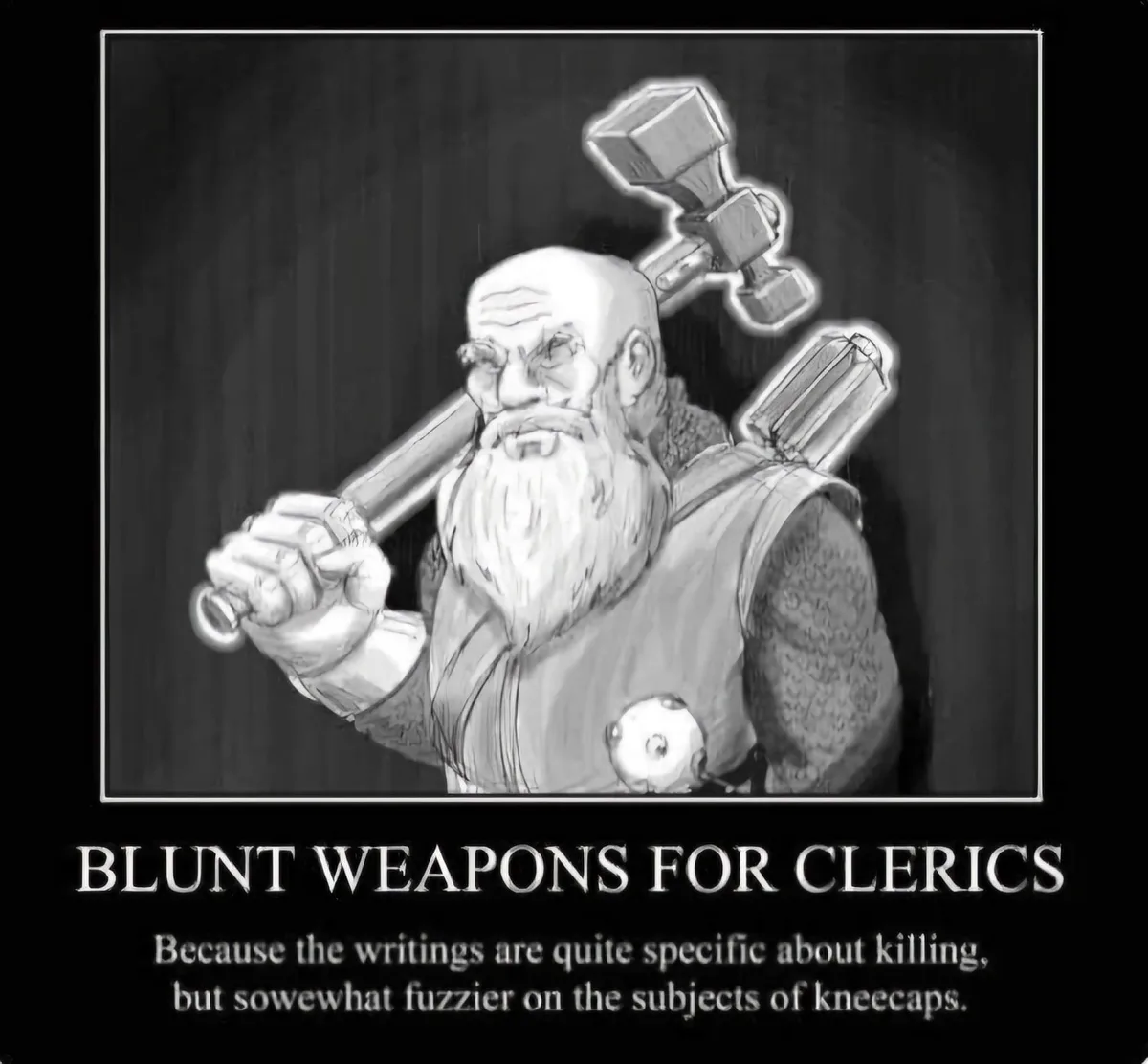 A black-and-white illustration of a bald, bearded cleric holding a mace, with another mace and a spiked club visible on his…